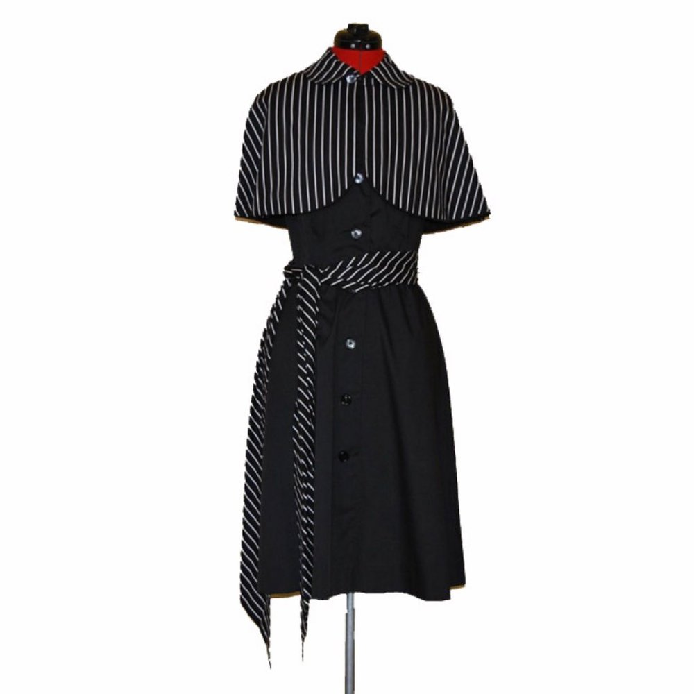 Vtg 60s 3PC Black Button Up Dress Cape Sash XS